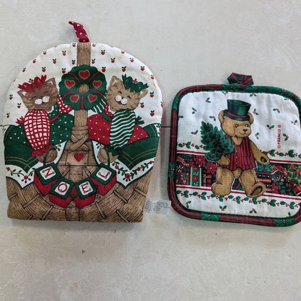 Vintage franco holiday Pair 2 kitchen potholders trivet quilted Teddy bears Cats